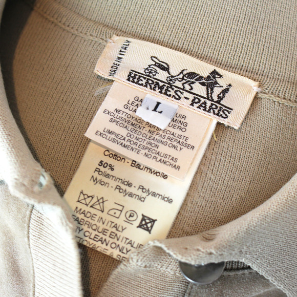 Hermes Suede Tan Knit Cotton Button Up Collared Polo Shirt L Short Sleeve Top - Picture 6 of 7
